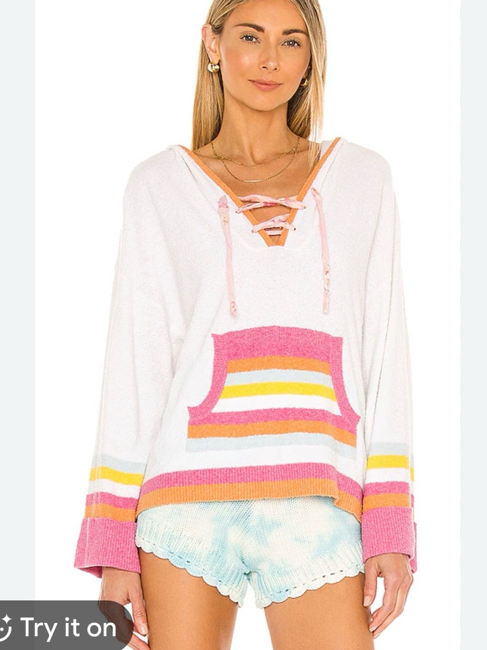 LoveShackFancy Fenmore Hoodie in White with Pink & Yellow Stripes